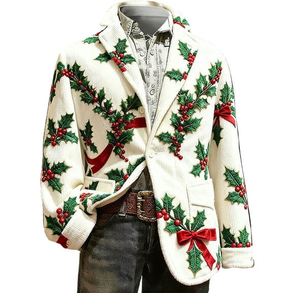 KHONTS Men's Christmas Blazer Vintage Corduroy Jacket Funny Xmas Graphic Button Holiday Party Jackets Work Blazers 01-White L