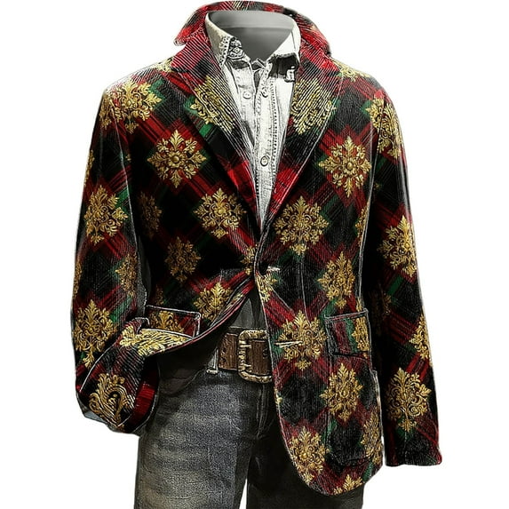 KHONTS Men's Christmas Blazer Vintage Holiday Corduroy Suit Jacket Slim Fit Fashion Casual Sport Coat Trendy Winter Colthes 01-Red XXXXL