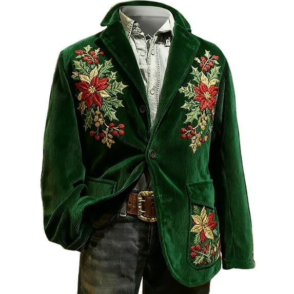 KHONTS Men's Christmas Blazer Vintage Holiday Corduroy Suit Jacket Slim Fit Fashion Casual Sport Coat Trendy Winter Colthes 07-Dark Green L