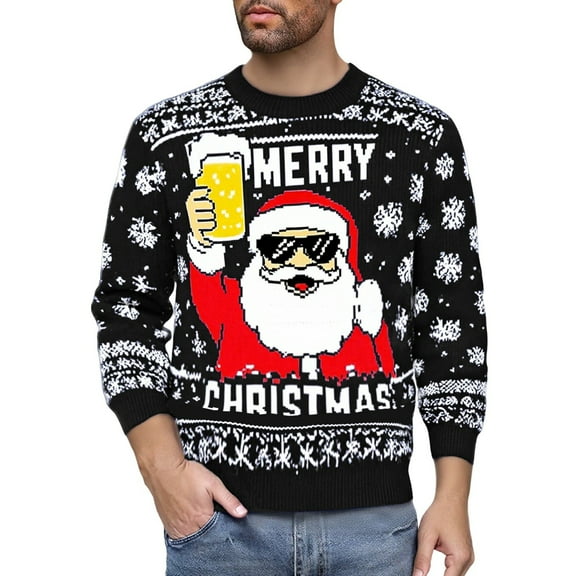 KHONTS Men's Christmas Sweater Funny Snowflake Santa Hilarious Xmas Claus Soft Pullover Long Sleeve Knitted Sweaters Black XL