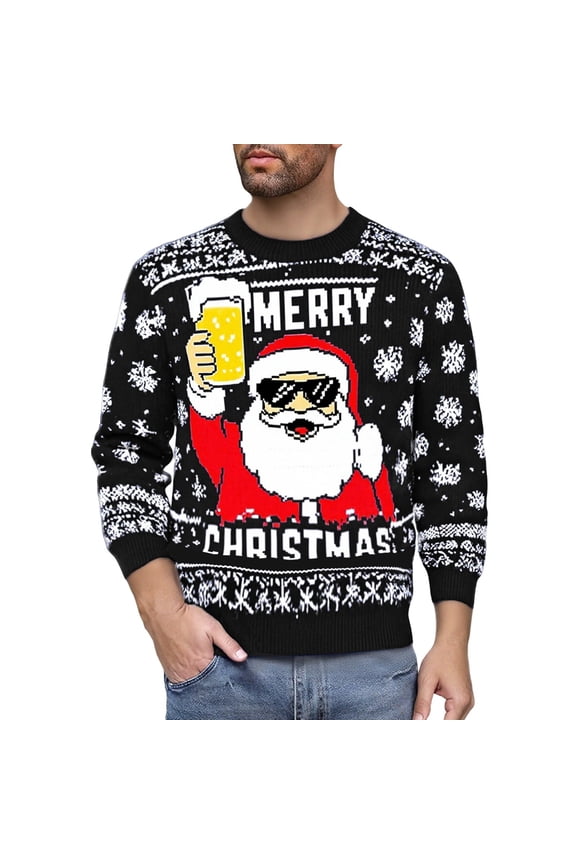 Men's Christmas Sweater Funny Snowflake Santa Hilarious Xmas Claus Soft Pullover Long Sleeve Knitted Sweaters Black XXXL