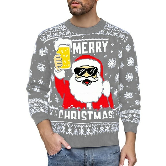 KHONTS Men's Christmas Sweater Funny Snowflake Santa Hilarious Xmas Claus Soft Pullover Long Sleeve Knitted Sweaters Light Gray XL