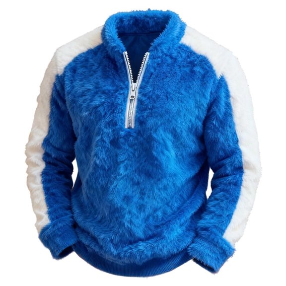 KHONTS Men's Christmas Sweatshirts Quarter Zip Fluffy Fuzzy Color Block Oversize Long Sleeve Santa Xmas Sweater Blue XL
