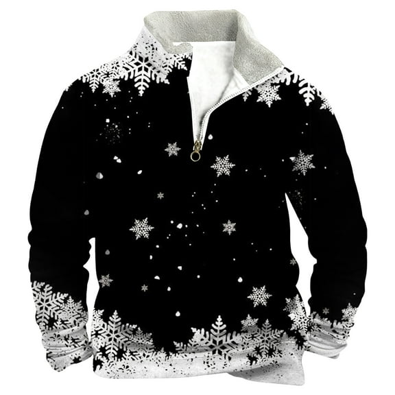 KHONTS Men's Christmas Sweatshirts Trendy Snowflake Graphic Print Sweatshirt Oversized Long Sleeve Stand Collar Tops 1-Black 4XL