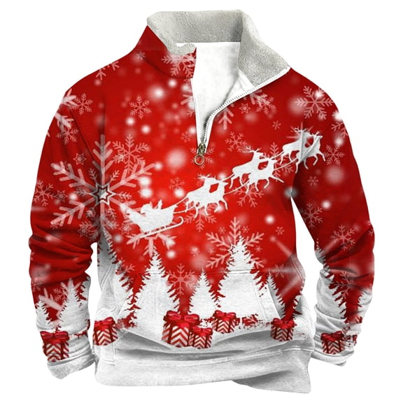 KHONTS Men's Christmas Sweatshirts Trendy Snowflake Graphic Print Sweatshirt Oversized Long Sleeve Stand Collar Tops 1-Red 3XL