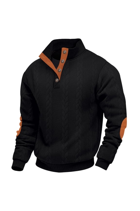 Men's Colorblock Pullover Sweatshirts Long Sleeve Stand Collar Quarter Button Knitted Jackets Quilted Coat Black XXL