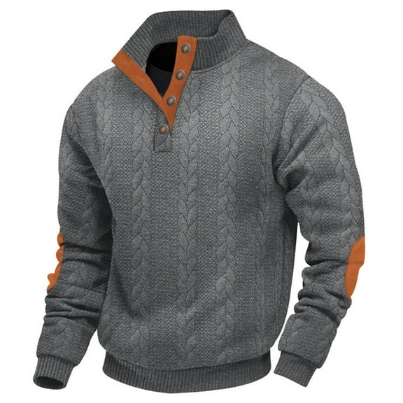 KHONTS Men's Colorblock Pullover Sweatshirts Long Sleeve Stand Collar Quarter Button Knitted Jackets Quilted Coat Dark Gray M
