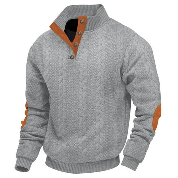 KHONTS Men's Colorblock Pullover Sweatshirts Long Sleeve Stand Collar Quarter Button Knitted Jackets Quilted Coat Light Gray XL