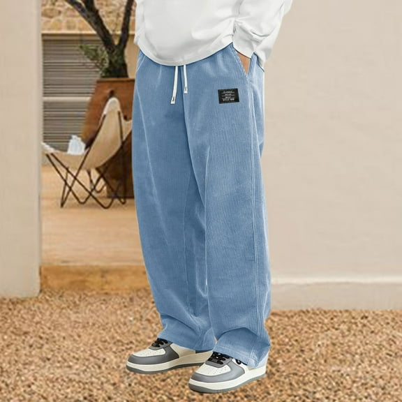 KHONTS Men's Corduroy Casual Pants Fashion Loose Fit Wide Leg Pants Straight Sweatpants with Elastic Waist Drawstring Blue L