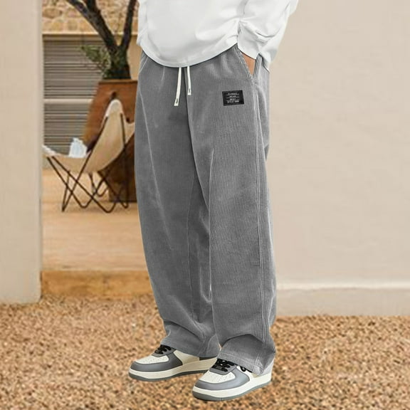 KHONTS Men's Corduroy Casual Pants Fashion Loose Fit Wide Leg Pants Straight Sweatpants with Elastic Waist Drawstring Grey XXXL