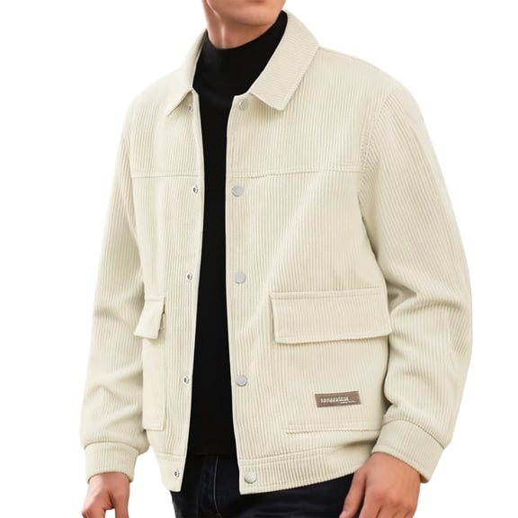 KHONTS,Men's Corduroy Oversized Shirt Jackets Button down Long Sleeve Retro Outwear Fall Casual Ribbed Work Coat with Pockets White L
