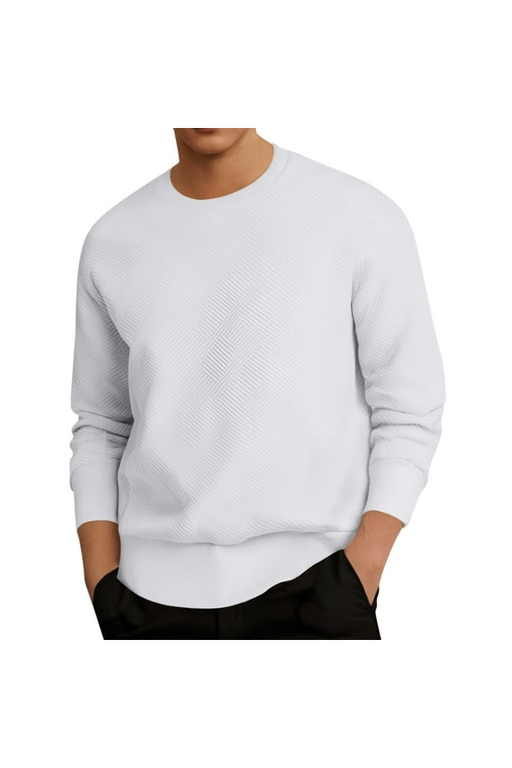 Men's Crewneck Sweatshirts Soild Color Geometric Texture Long Sleeve Casual Pullover Shirts White XL