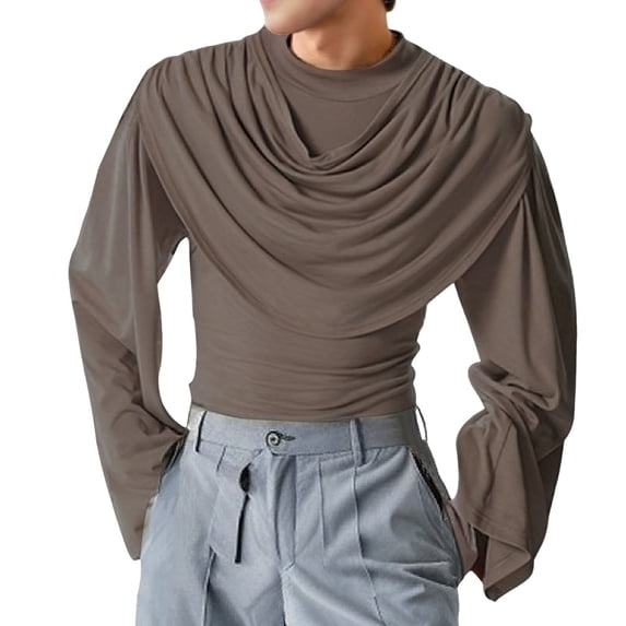 KHONTS Men's Draped Cowl Neck Tops Long Flare Sleeves Tees Solid Slim Fit T Shirts Brown XL