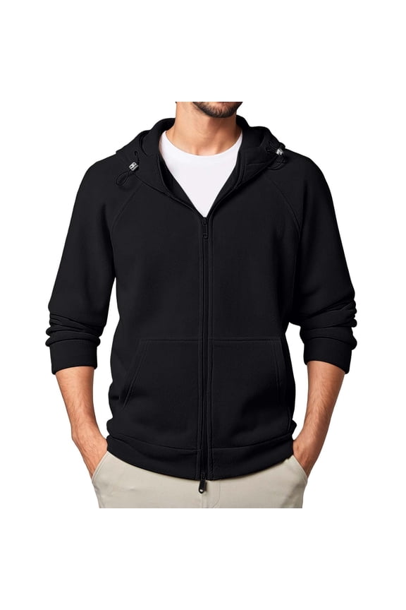 Men's French Terry Hoodies Full -Zip Drawstring Jackets Casual Lightweight Soft Hooded Sweatshirts with Pockets Black XXXL