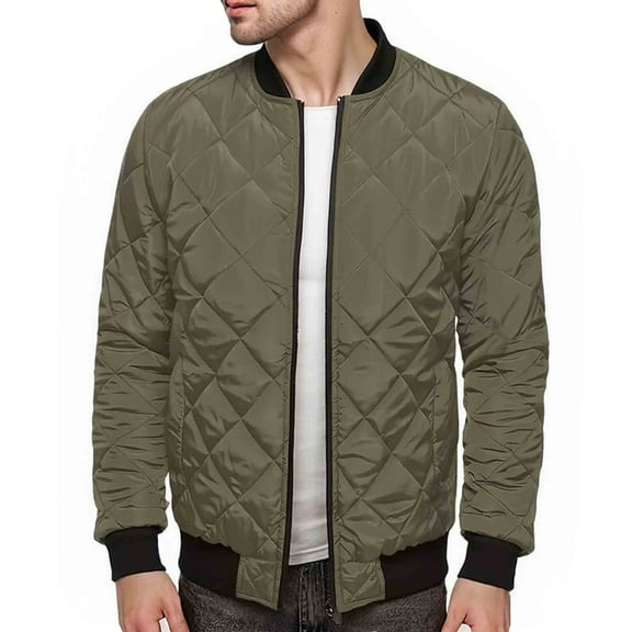 KHONTS,Men's Full Zip Diamond Quilted Jackets Windproof Causal Plus Size Jacket Fall Winter Rib Lightweight Coat Army Green L