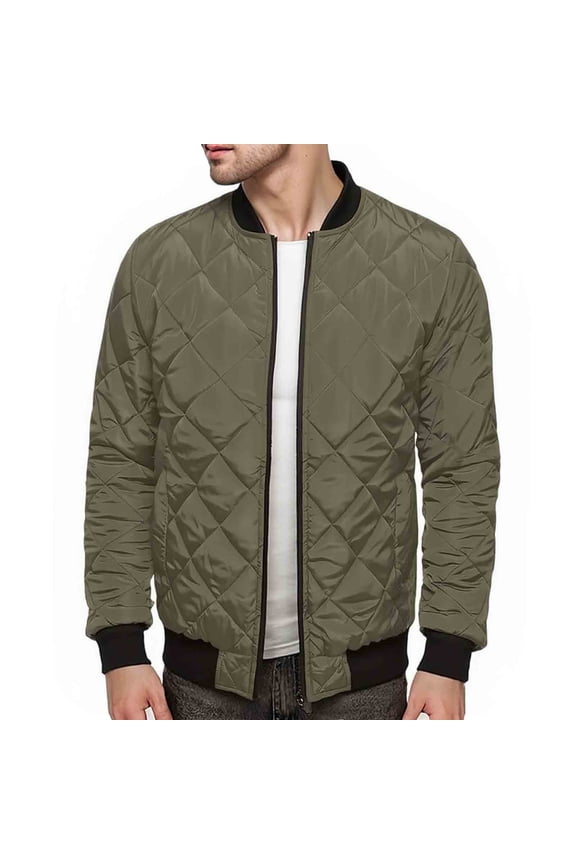 ,Men's Full Zip Diamond Quilted Jackets Windproof Causal Plus Size Jacket Fall Winter Rib Lightweight Coat Army Green L