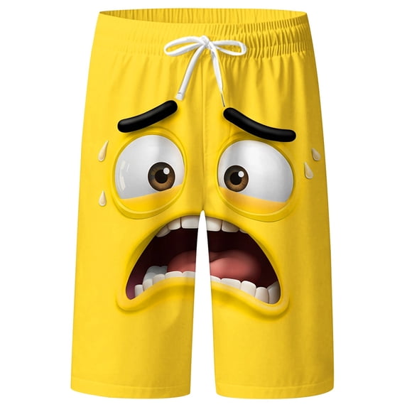 KHONTS Men's Funny Face Printed Elastic Drawstring Waist Swim Trunk Summer Casual Board Shorts Beach Resort Stretchy Bathing Suit Yellow M