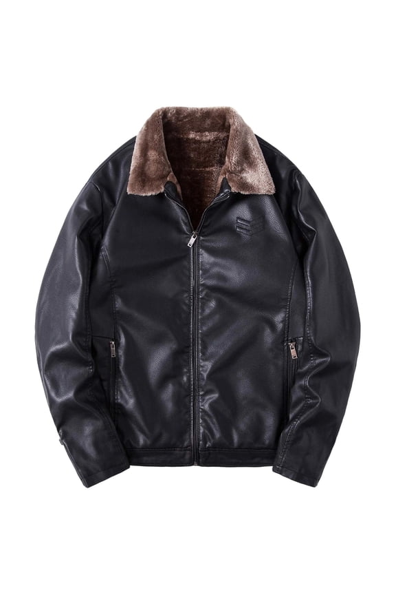 ,Men's Collar Leather Oversized Jackets Fleeced Lined Full Zip Coats Fall and Winter Warm Lapel Jacket with Pockets Black XXL
