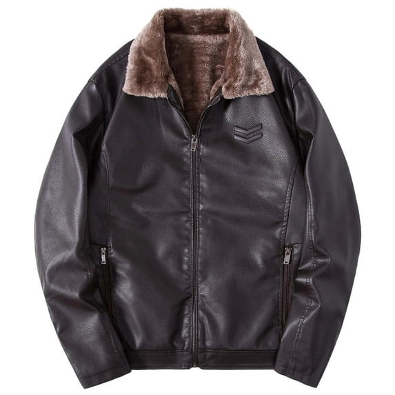 KHONTS,Men's Collar Leather Oversized Jackets Fleeced Lined Full Zip Coats Fall and Winter Warm Lapel Jacket with Pockets Coffee XXL