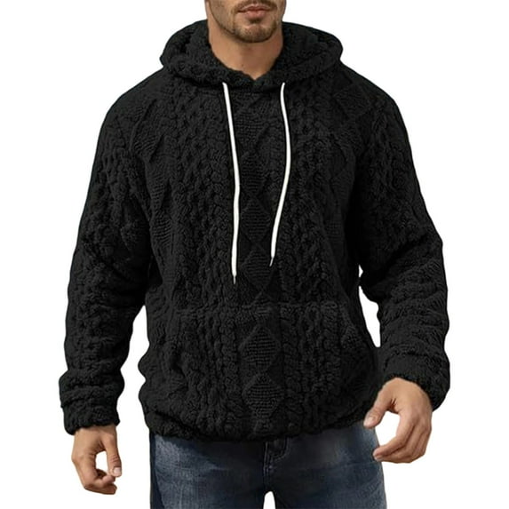 KHONTS Men's Fuzzy Sherpa Hoodies Fall Winter Long Sleeve Pullover Sweatshirts Hooded Textured Outwear with Front Pocket Black XL