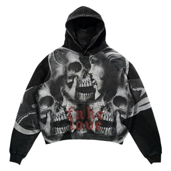 KHONTS Men's Graphic Printed Hooded Sweatshirts Loose Fit Hop Hoodies Streetwear Sports Outdoor Pop Pullovers Black L