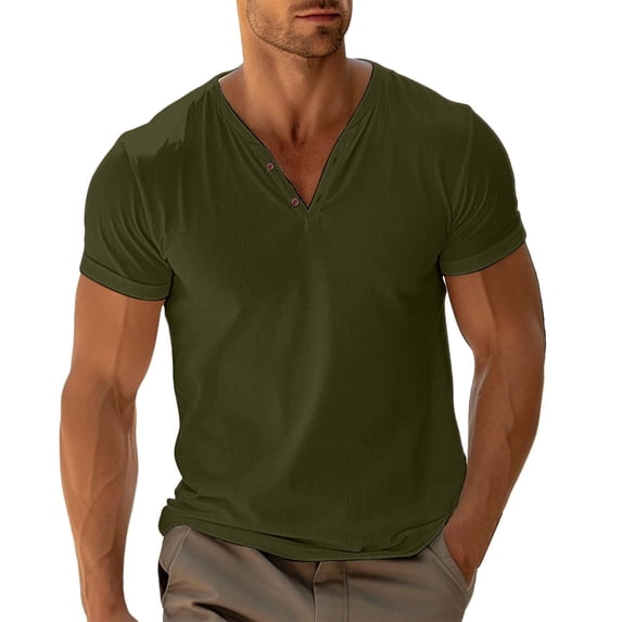 KHONTS Men's Henley Collared Shirts Slim Fit Short Sleeve Fashion Tops Tee Basic Classic Summer V-Neck T Shirts Army Green S