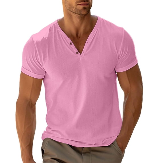 KHONTS Men's Henley Collared Shirts Slim Fit Short Sleeve Fashion Tops Tee Basic Classic Summer V-Neck T Shirts Pink M