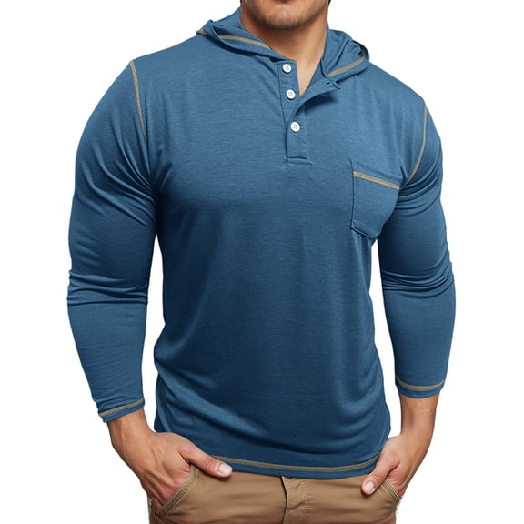 KHONTS Men's Henley Hooded Shirts Long Sleeve Casual Button up T Shirt Lightweight Pullover Shirt with Pocket Blue S