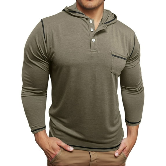 KHONTS Men's Henley Hooded Shirts Long Sleeve Casual Button up T Shirt Lightweight Pullover Shirt with Pocket Khaki XXXL
