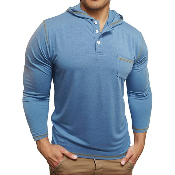 KHONTS Men's Henley Hooded Shirts Long Sleeve Casual Button up T Shirt Lightweight Pullover Shirt with Pocket Sky Blue XL