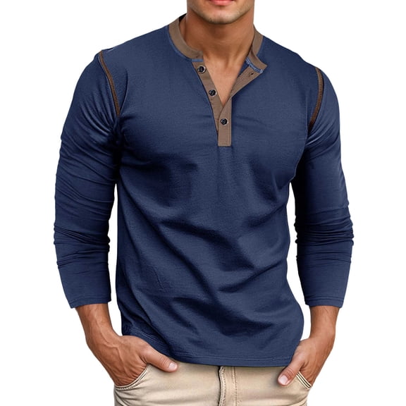 KHONTS Men's Henley Long Sleeve Shirts Casual Button T-Shirt Classic Basic Cotton Lightweight Stylish Pullover Tees Blue XXXL