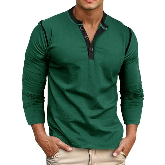 KHONTS Men's Henley Long Sleeve Shirts Casual Button T-Shirt Classic Basic Cotton Lightweight Stylish Pullover Tees Green XXXL