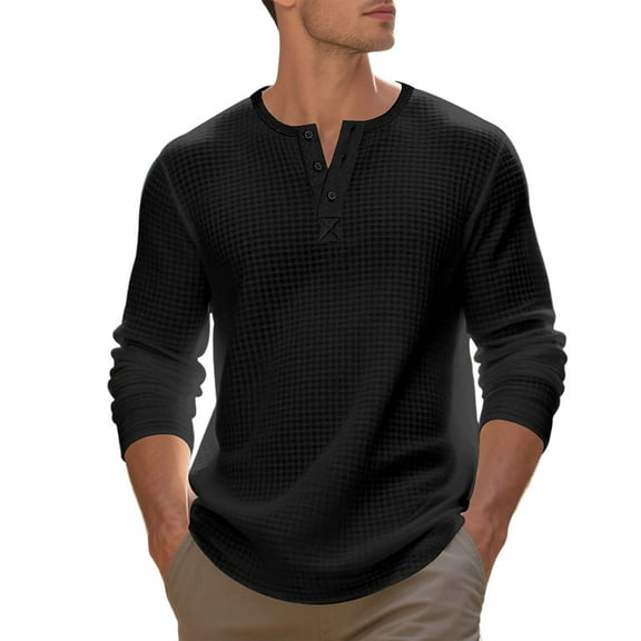 KHONTS Men's Henley Long Sleeve Shirts Waffle Button up T-Shirt Lightweight Thermal Undershirts Black XXL