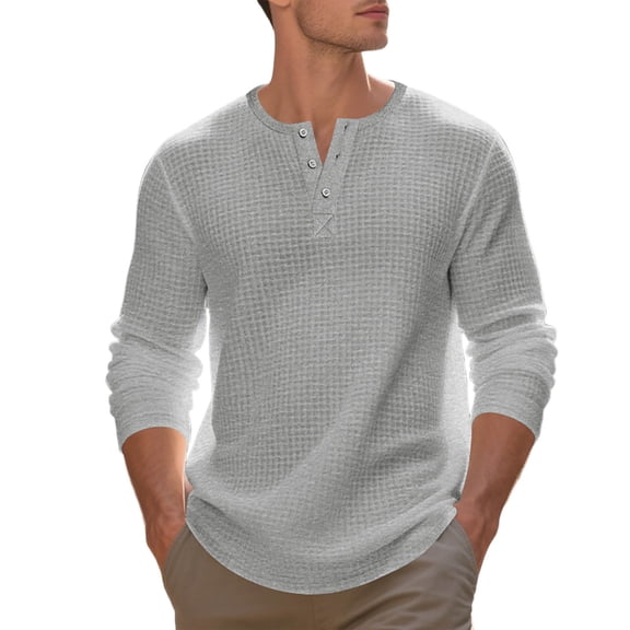 KHONTS Men's Henley Long Sleeve Shirts Waffle Button up T-Shirt Lightweight Thermal Undershirts GY1 L
