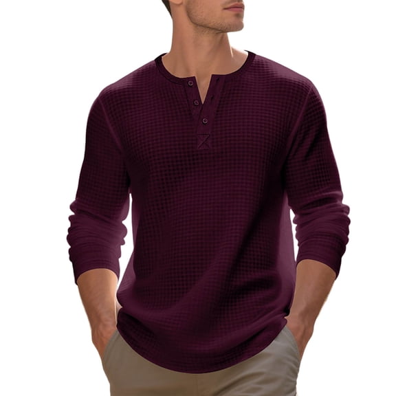 KHONTS Men's Henley Long Sleeve Shirts Waffle Button up T-Shirt Lightweight Thermal Undershirts Red XXL