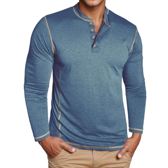 KHONTS Men's Henley Shirts Long Sleeve Casual T Shirts Basic Classic Vintage Cotton Tee Shirts Button Shirts Blue M