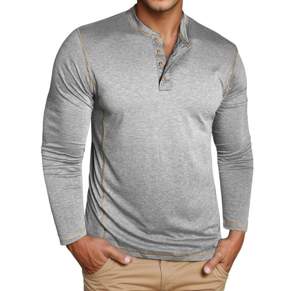 KHONTS Men's Henley Shirts Long Sleeve Casual T Shirts Basic Classic Vintage Cotton Tee Shirts Button Shirts Light Gray XXL