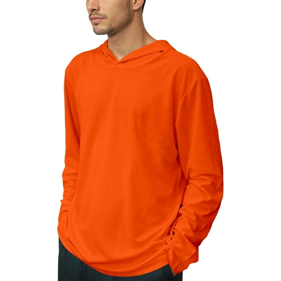 KHONTS Men's High Visibility Quick Dry Safety Shirt with Hood Breathable Mesh with Sun Protection Long Sleeve Neon Hoodie Orange M