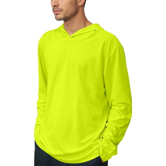 KHONTS Men's High Visibility Quick Dry Safety Shirt with Hood Breathable Mesh with Sun Protection Long Sleeve Neon Hoodie Yellow M