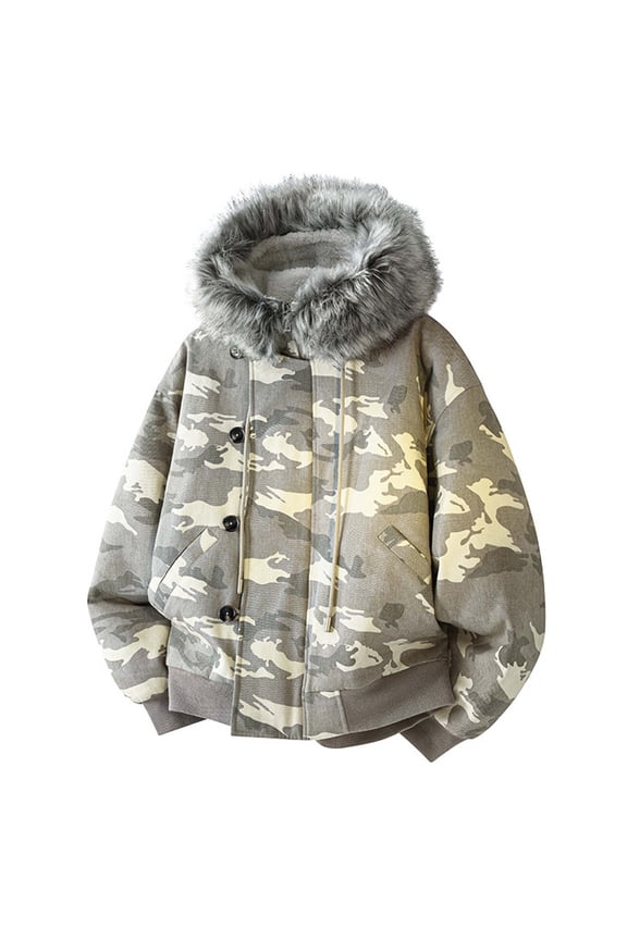 Men's Hooded Jacket Sporty Casual Hiking Camo Loose Commute Weekend Daily Coats Grey XXL