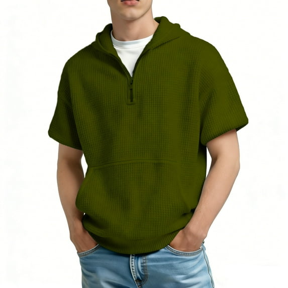 KHONTS Men's Hoodies Pullover Quarter Zip Casual Short Sleeve Drawstring Waffle Knit Casual Hooded Sweatshirt with Pocket Green XXXL