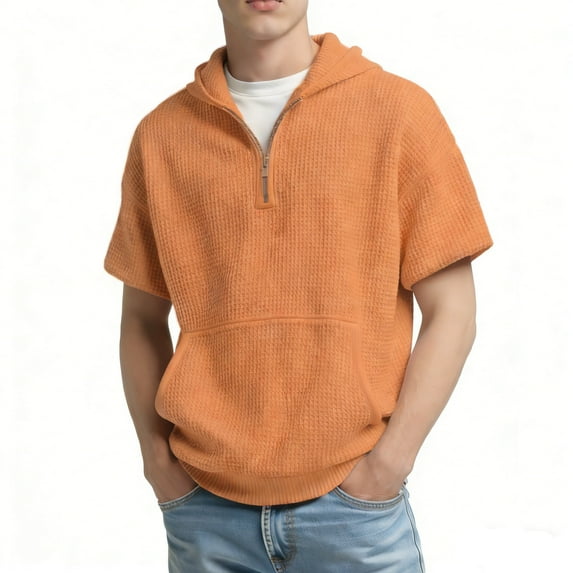 KHONTS Men's Hoodies Pullover Quarter Zip Casual Short Sleeve Drawstring Waffle Knit Casual Hooded Sweatshirt with Pocket Orange M
