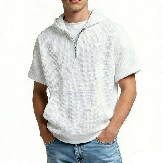 KHONTS Men's Hoodies Pullover Quarter Zip Casual Short Sleeve Drawstring Waffle Knit Casual Hooded Sweatshirt with Pocket White XL