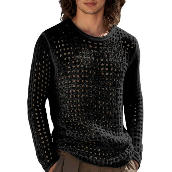 KHONTS Men's Knit Long Sleeve T Shirts Casual Hollow out Tees Beach Fall 20s Hip Pop Streetwear Black S