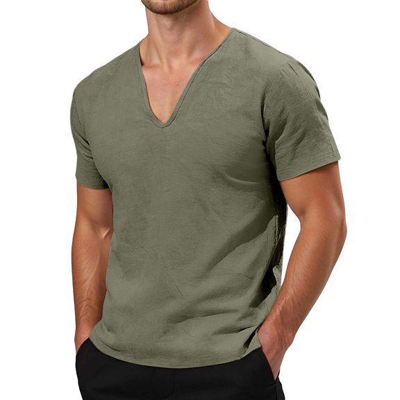KHONTS Men's Linen T Shirts Short Sleeve Classic V Neck T-Shirt Casual Summer Basic Tee Shirt Army Green XXL