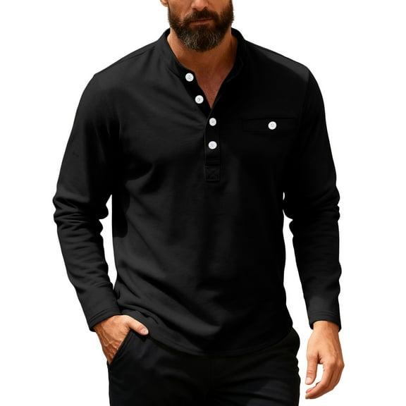 KHONTS Men's Long Sleeve Henley Shirts Cotton 3-Button Fall Casual T-Shirts Solid Color Soft Basic Tops Black XXXL