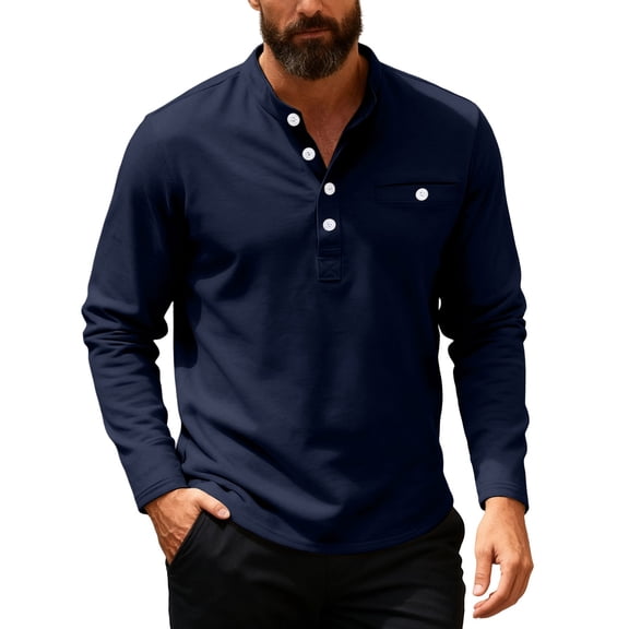 KHONTS Men's Long Sleeve Henley Shirts Cotton 3-Button Fall Casual T-Shirts Solid Color Soft Basic Tops Navy XL