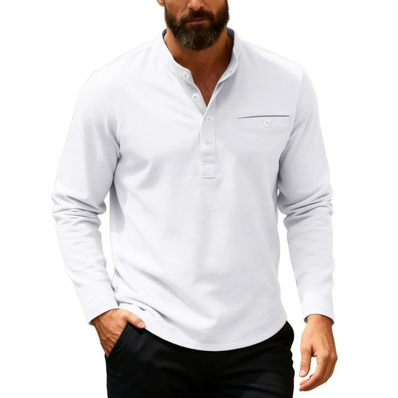 KHONTS Men's Long Sleeve Henley Shirts Cotton 3-Button Fall Casual T-Shirts Solid Color Soft Basic Tops White XXXL