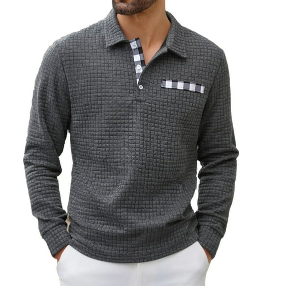KHONTS Men's Long Sleeve Polo Shirts with Collar Relaxed Fit Thermal Work Shirts Warm Comfy Button down Casual Dress Tops Grey M