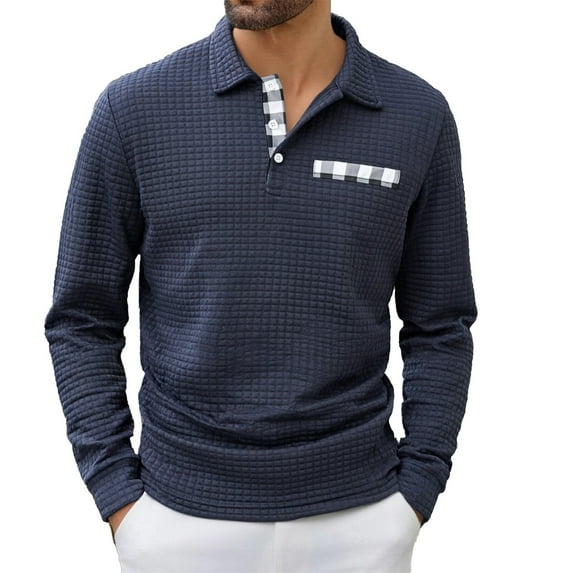 KHONTS Men's Long Sleeve Polo Shirts with Collar Relaxed Fit Thermal Work Shirts Warm Comfy Button down Casual Dress Tops Navy XXL